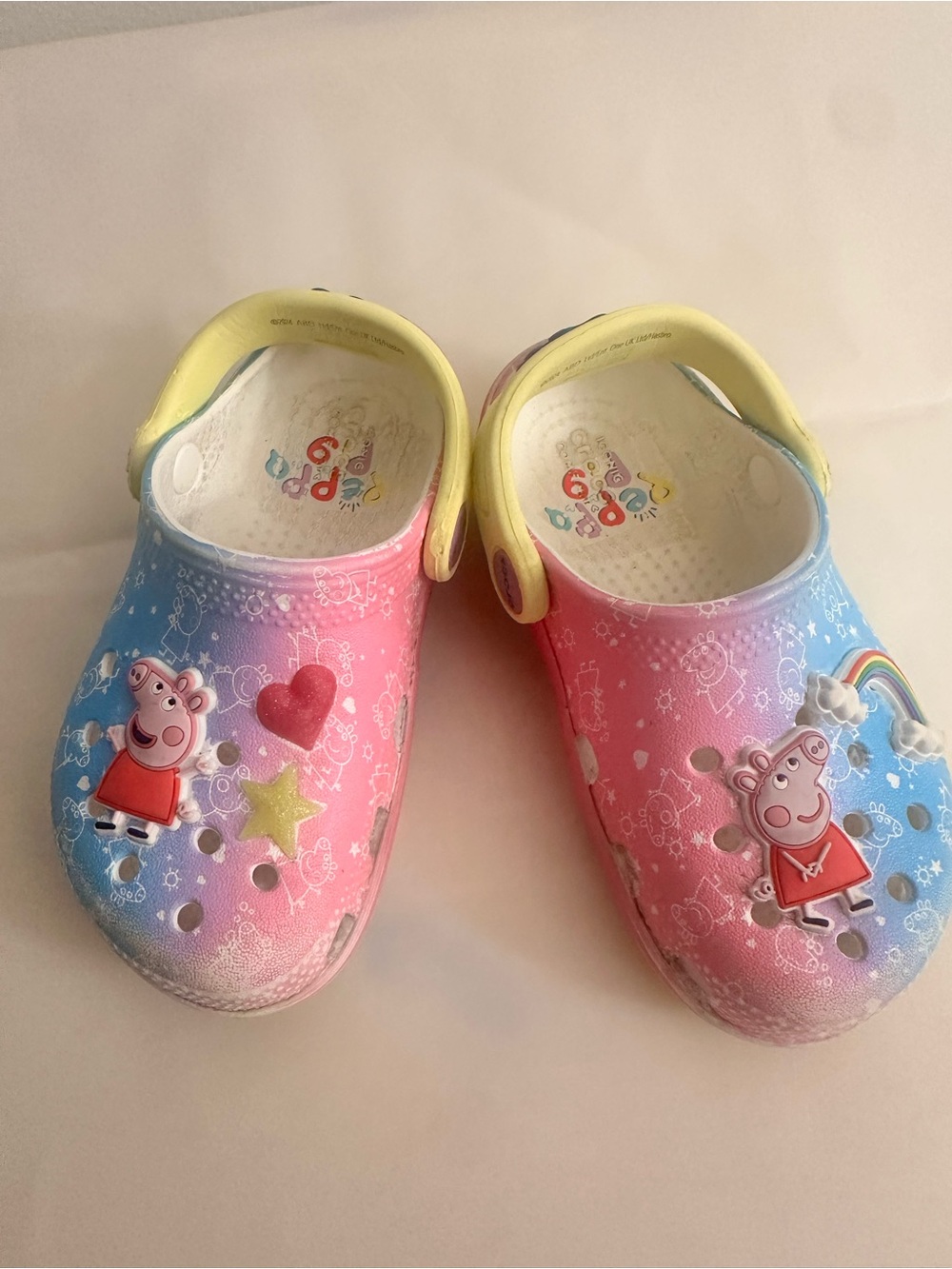 /9/ Peppa Pig Gradient Pink Blue Kids Crogs with Yellow Strap